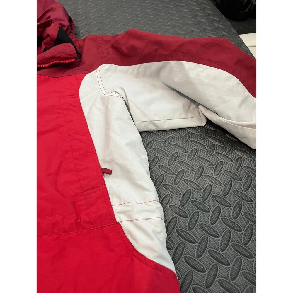 LL Bean Parka Jacket Womens L Red Colorblock Hooded Nylon Outdoor 0WV87